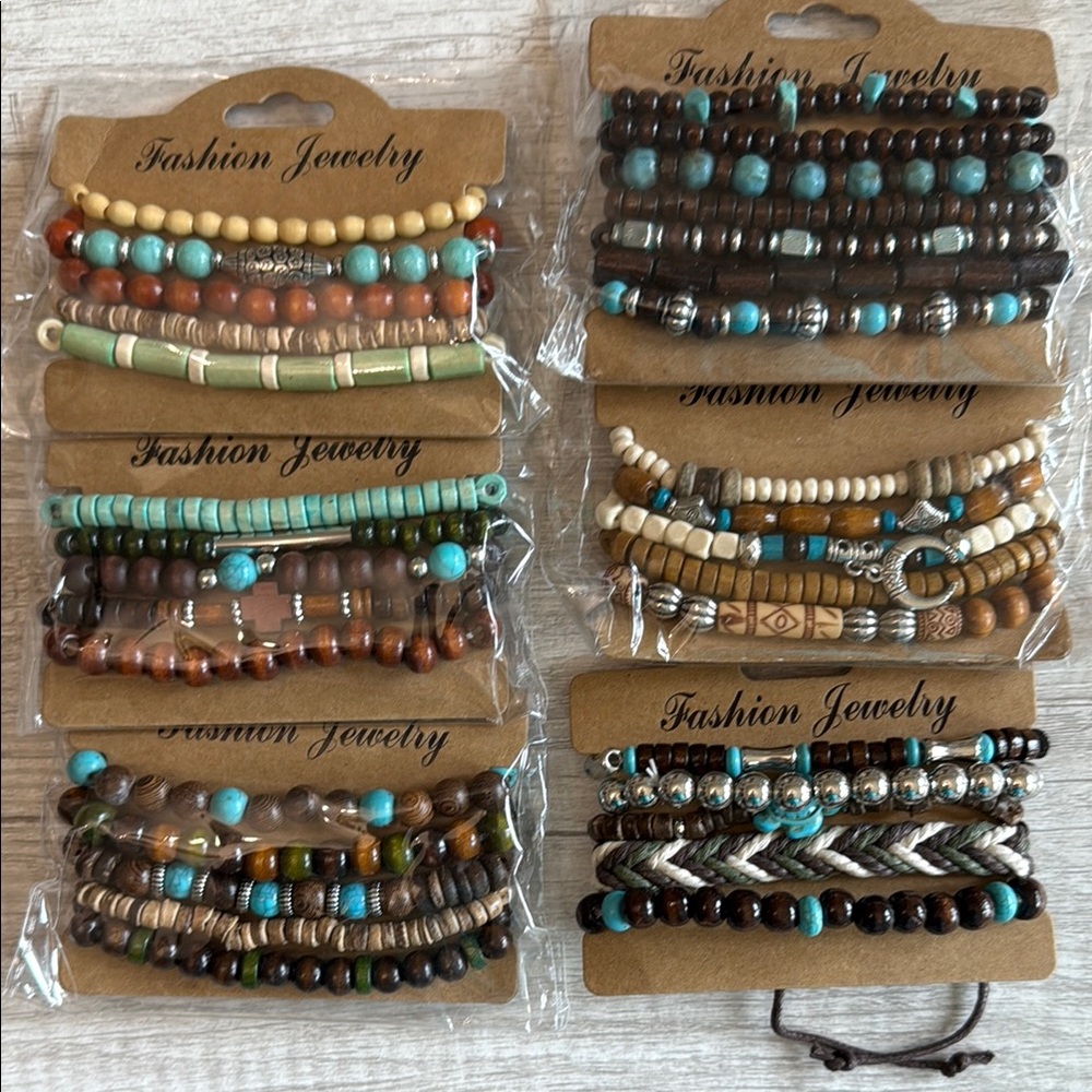 NEW 5 Bracelets Wood Bead Braided Metallic Boho Charm Western Set